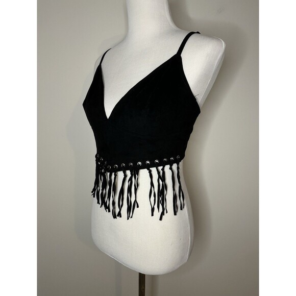 Poster Grl Dolls Kill RODEO TIES FRINGE BRA TOP Sz Large Faux Black Suede #1145 - Picture 2 of 9